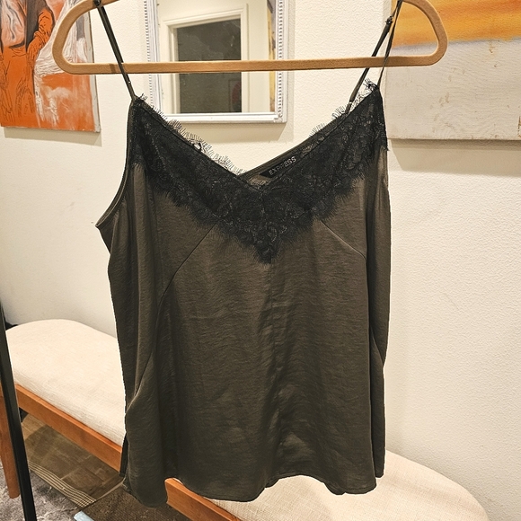 Express Olive Green top w/ Black Lace Trim - Picture 1 of 10